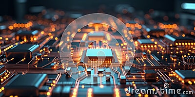 Illuminated circuit board with active connections displaying intricate pathways of technology Stock Photo