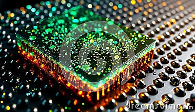 Illuminated Circuit Board Macro View Generative AI Stock Photo