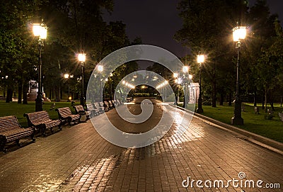 Illuminated city park at summer night. background, city life. Stock Photo