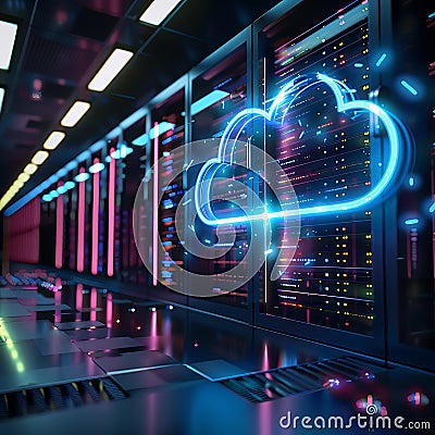 Illuminated Cloud Computing Data Center Server Room Stock Photo