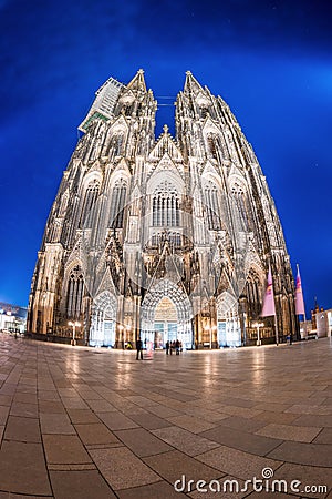 Illuminated Cologne Cathedral at night Stock Photo