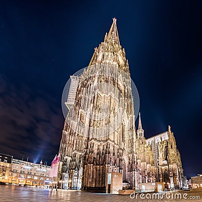Illuminated Cologne Cathedral at night Editorial Stock Photo