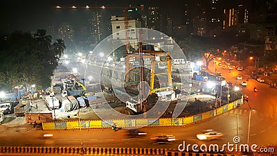 Illuminated Construction of Mumbai Subway metro Editorial Stock Photo