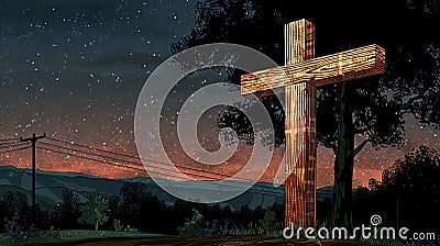 Illuminated cross under a starry sky at twilight. Concept of rebirth, Easter celebration, peace, spiritual hope, faith Stock Photo