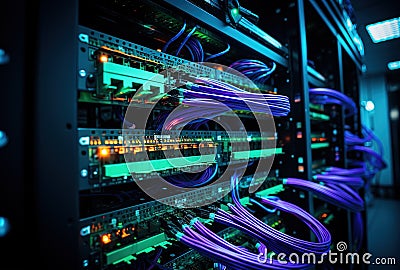 Illuminated data center rack with colorful LEDs on servers showing modern technology and networking equipment Stock Photo