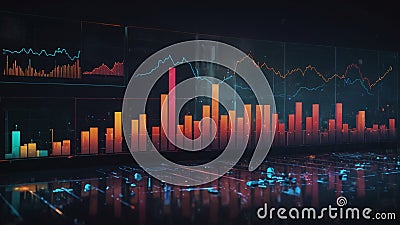 Illuminated data visualization with bar and line charts in a futuristic digital interface Stock Photo