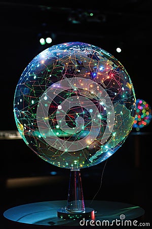 Illuminated digital globe display showcasing global connectivity, network lines, and technology innovation in a dark setting Stock Photo
