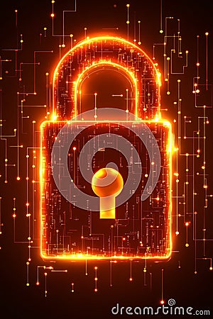 Illuminated digital padlock glowing orange outline on binary code background symbolizing cybersecurity encryption secure data Cartoon Illustration