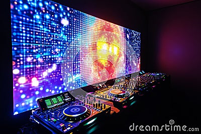 Illuminated DJ booth featuring bright LED lights and an engaging abstract visualizer, creating an electrifying Stock Photo