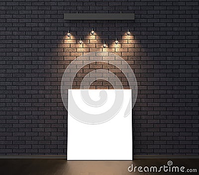 Illuminated empty frame mock up on dark brick wall. 3D illustrating. Stock Photo