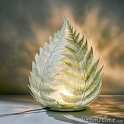 Illuminated Fern Leaf Lamp Shining on Table Casting Soft Light Showcasing Botanical Design and Warm Glow Adding Artistic Touch and Stock Photo