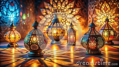 Illuminated festive lanterns cast intricate shadows on a polished surface. Generative AI Stock Photo
