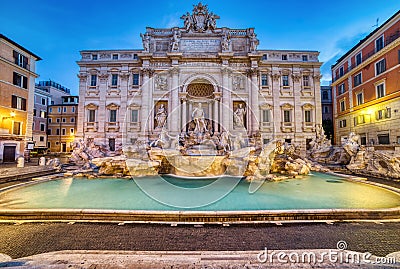 Illuminated Fontana Di Trevi, Trevi Fountain at Dusk, Rome Stock Photo