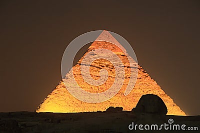 Illuminated Giza Pyramid, Egypt Stock Photo