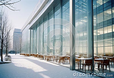 Illuminated glass building and snow covered tables in winter Stock Photo