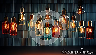 Illuminated glass bulb hanging, bright decoration, old lantern, vibrant wall generated by AI Stock Photo