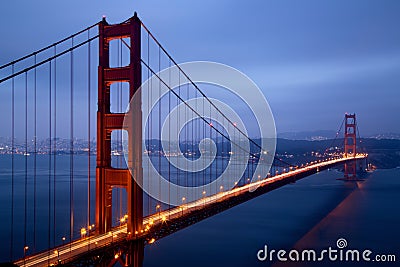 Illuminated Golden Gate Bridge at dusk, San Francisco Stock Photo