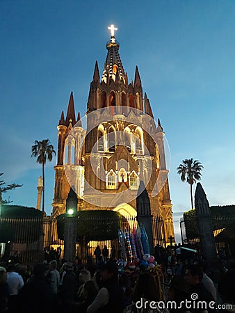 Illuminated gothic church at dusk San Miguel de Allende Guanajuato Mexico Editorial Stock Photo