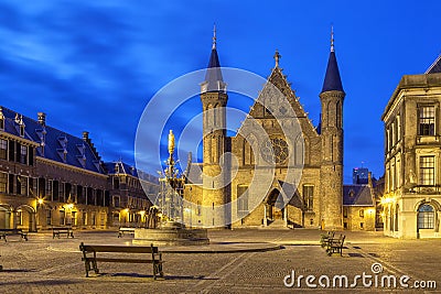 Illuminated gothic facade of Ridderzaal, Hague Stock Photo