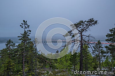 Illuminated High Coast Bridge with low cloud cover Stock Photo