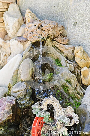 Illuminated home garden patio plants and evening party lights near small fountain. Stock Photo