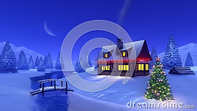 Illuminated house in mountain at Christmas night Cartoon Illustration