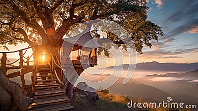 illuminated house on tree in mountains at sunset, romantic vacation outdoor in wild, glamping Stock Photo