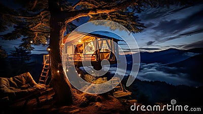 illuminated house on tree near lake at night, romantic vacation outdoor in wild, glamping Stock Photo