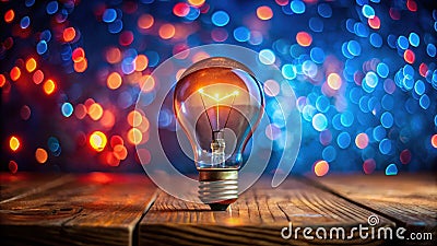 Illuminated idea glowing lightbulb on rustic wooden surface with colorful bokeh background. Generative AI Stock Photo