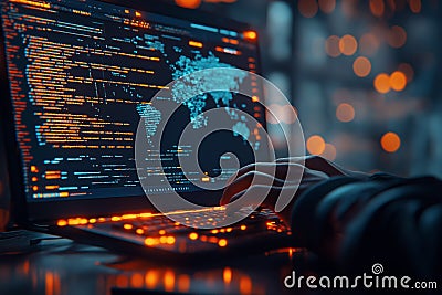 An illuminated keyboard displays dynamic programming code in a dark tech space at night. Generative AI Stock Photo