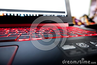 Keyboard for notebook English keyboard with red light Keyboard. Stock Photo