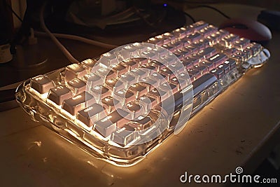 Illuminated Keyboard With Glass Morph Buttons Enchanting a Workspace at Night. Generative AI Stock Photo