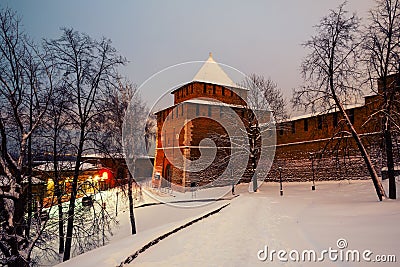 Illuminated Kremlin wall and main gate in Nizhny Novgorod Stock Photo