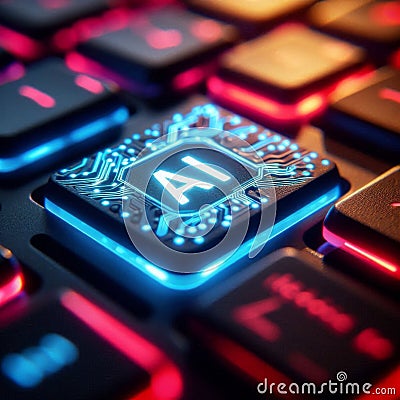 Illuminated Laptop Keyboard with AI Button Futuristic Depictions of Artificial Intelligence Integration in Technology Stock Photo