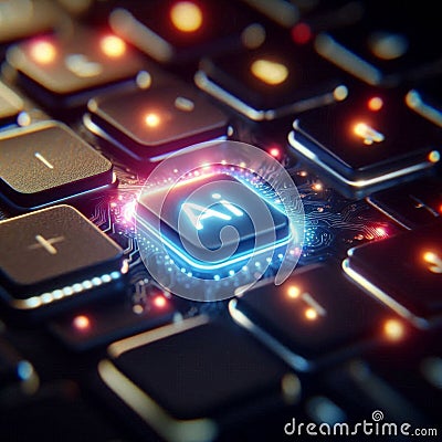 Illuminated Laptop Keyboard with AI Button Futuristic Depictions of Artificial Intelligence Integration in Technology Stock Photo