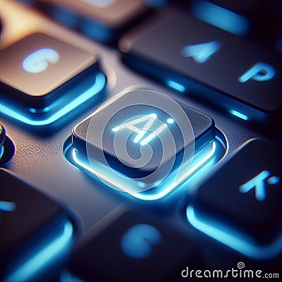 Illuminated Laptop Keyboard with AI Button Futuristic Depictions of Artificial Intelligence Integration in Technology Stock Photo