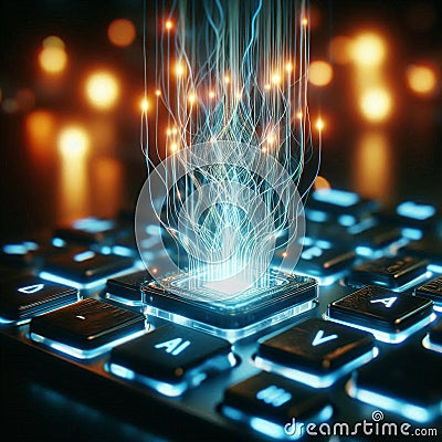 Illuminated Laptop Keyboard with AI Button Futuristic Depictions of Artificial Intelligence Integration in Technology Stock Photo