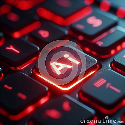 Illuminated Laptop Keyboard with AI Button Futuristic Depictions of Artificial Intelligence Integration in Technology Stock Photo