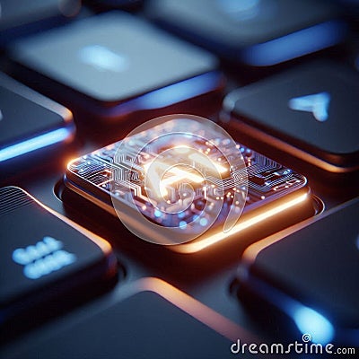 Illuminated Laptop Keyboard with AI Button Futuristic Depictions of Artificial Intelligence Integration in Technology Stock Photo