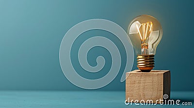 Illuminated light bulb on block with ample space for text placement on plain colored background Stock Photo