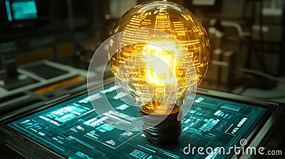 Illuminated Lightbulb with Digital Code Inside on a Tech Interface Stock Photo
