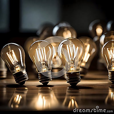 Bunch of lightbulbs lighted up - ai generated image Stock Photo