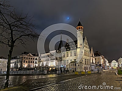 Little tower medieval house of the Tanner's guild at night in Ghent Editorial Stock Photo