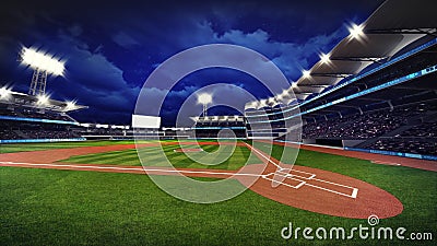 Illuminated modern baseball stadium with spectators and green grass Cartoon Illustration