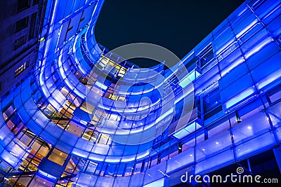 Illuminated Modern Building of BBC London Headquarters at Night, UK Stock Photo