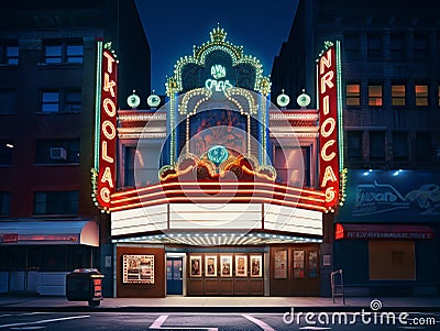 Illuminated movie marquee at night Stock Photo