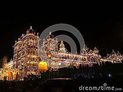 Illuminated Mysur Palace on Dussehra Night, Karnataka, India Stock Photo