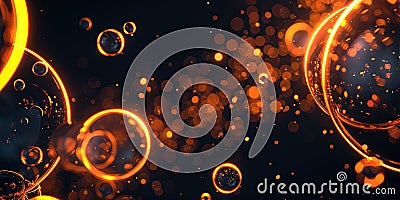 Illuminated Neon Orange Light Ring Highlights Bubbles On A Dark Round Frame Stock Photo