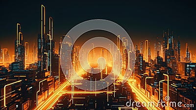 illuminated orange Neon Futuristic Metaverse Skyscraper city, for technology advertisement banner. Stock Photo