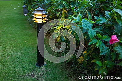 Illuminated outdoor light in apartment garden at twilight, evening. Stock Photo